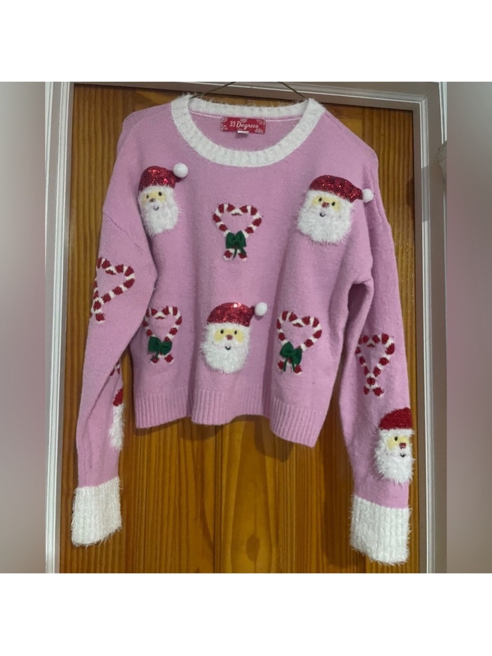 32 Degrees Pink Holiday Santa & Candy Cane Crewneck Sweater